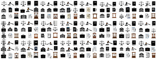 Comprehensive Pattern of Legal and Justice Icons: Scales, Gavels, Courthouses, Documents, and Law Books Repeating in a Grid on a White Background.