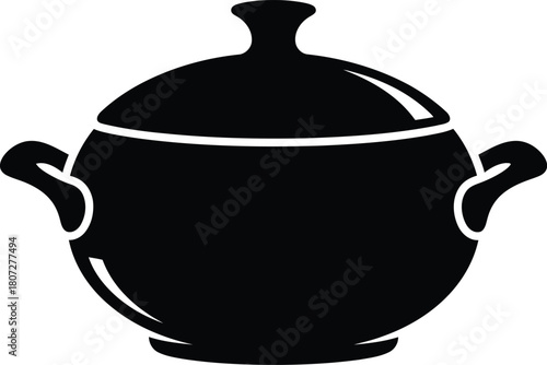 Elegant black silhouette of a tureen serving dish with handles and lid for culinary or design projects vector