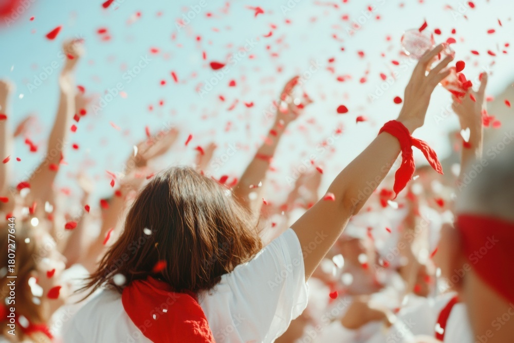 Obraz premium Celebration with red petals: A crowd of people joyfully celebrate, with arms raised towards the sky amidst a shower of vibrant red petals, capturing a moment of pure bliss.