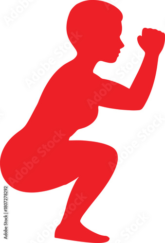 Red silhouette of a woman performing a squat exercise for fitness