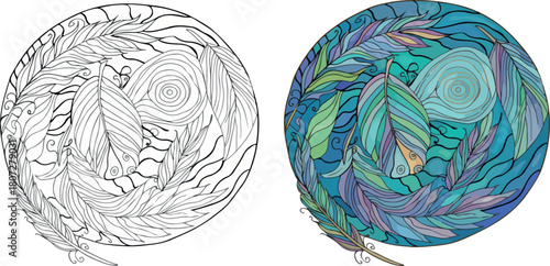 Feather Circle Mandala in Color and Black and White Outline | Relaxing Coloring Page Design for Stress Relief, Art Therapy and Creative Projects