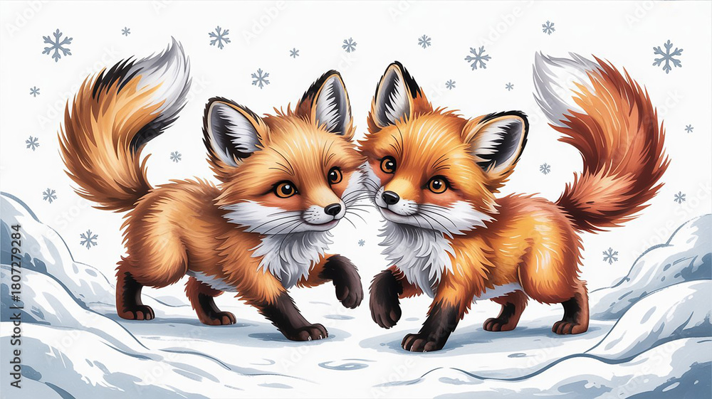 Fototapeta premium A charming illustration of two small foxes with fluffy winter coats playing together in fresh snow