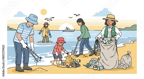 Family and Volunteers Participating in a Beach Cleanup, Collecting Plastic and Debris.