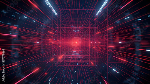 Futuristic neon grid tunnel with red and blue light streaks