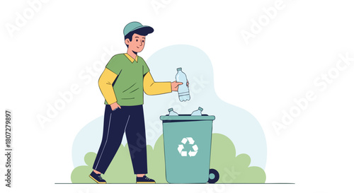 Smiling Man Disposing of an Empty Plastic Water Bottle into a Recycling Bin.