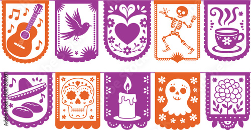 Colorful Mexican papel picado banner set featuring sugar skulls, candles, skeletons, guitar, flowers and festive symbols for Día de los Muertos celebrations
