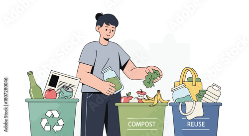 Person Actively Sorting Trash into Separate Bins for Recycling, Compost, and Reuse.