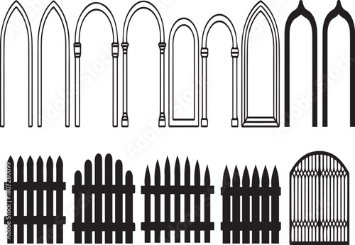Black and white line art of gothic arches and picket fences pointed arch arched doorway