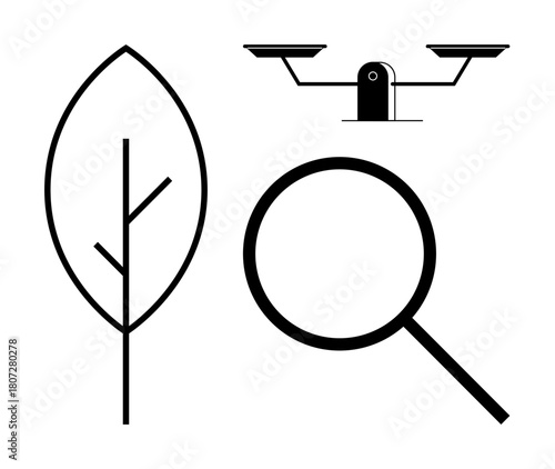 Leaf symbolizing nature, scales representing justice, and magnifying glass denoting analysis. Ideal for sustainability, law, research, ethics, ecology fairness environment. Simple flat metaphor
