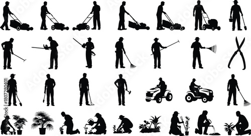 Black Silhouette Set of Gardeners and Landscapers with Gardening Tools, Lawn Mowers, Rakes, Hedge Shears, and Planting Activities Vector Illustration.