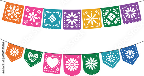 Colorful papel picado banner garlands with decorative cut-out designs perfect for Mexican fiestas, Día de los Muertos celebrations and festive holiday decorations