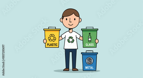 Smiling Man Holding Labeled Bins for Plastic, Glass, and Metal Recycling.