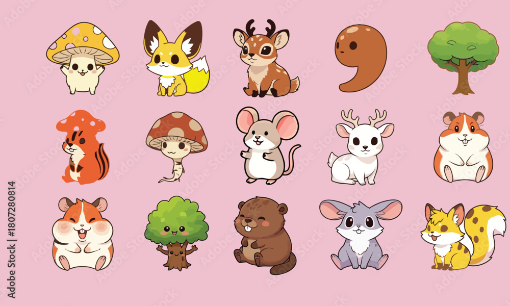 Fototapeta premium Woodland Animals Cute Cartoon Pack | Vector Clipart Stickers