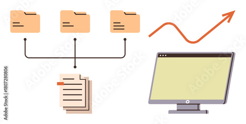 File folders connecting to documents, analyzed on a computer alongside a rising graph. Ideal for organization, workflow, efficiency, productivity, planning, analytics and growth. Simple flat