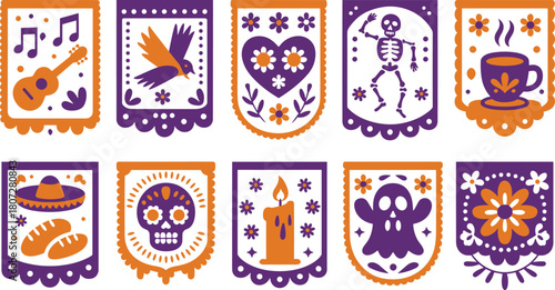 Colorful Mexican papel picado banner set featuring sugar skulls, candles, skeletons, guitar, flowers and festive symbols for Día de los Muertos celebrations