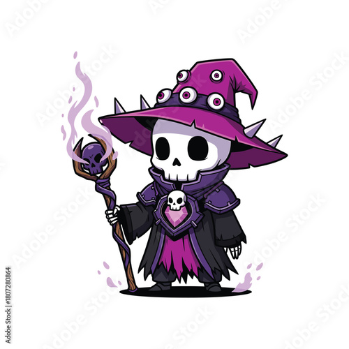 Cartoon skeleton wizard with staff and purple hat isolated on