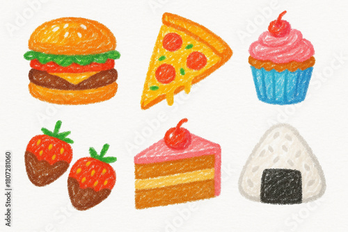 Crayon-Style Fast Food and Sweets Vector Set for Kids