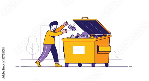 Man Throwing Trash into a Large Open Yellow Commercial Dumpster.