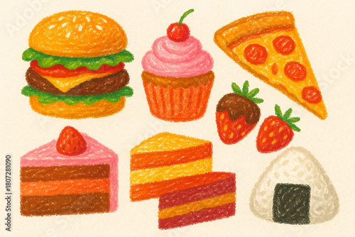 Crayon-Style Fast Food and Sweets Vector Set for Kids