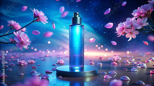 Perfume bottle with sakura blossom background. 3D rendering