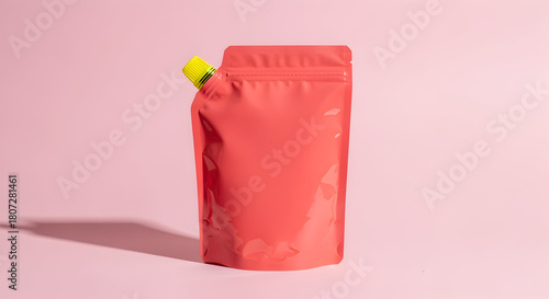 Bright pink spouted standup pouch with yellow cap displayed against pastel pink backdrop
