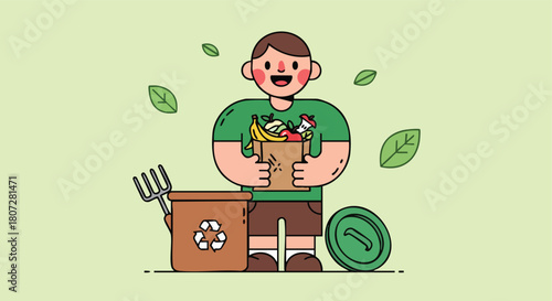 Smiling Person Holding a Bag of Organic Food Waste for Composting.