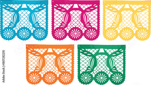 Set of colorful Mexican papel picado banners with traditional cut-out designs, perfect for Día de los Muertos, fiesta decorations and festive artwork