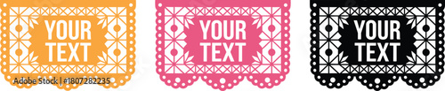 Set of editable Mexican papel picado banners with customizable text area, perfect for fiesta invitations, Día de los Muertos and festive decorations