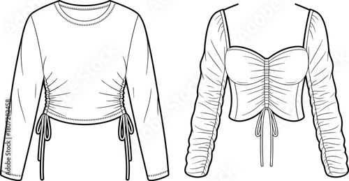 Long Sleeve T-Shirt and Square Neck Blouse with Adjustable Side Ruched Drawstrings Details.