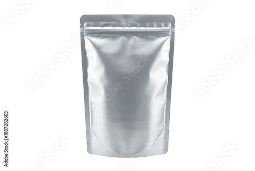 A plain silver standup pouch with a zipper closure, isolated on white background