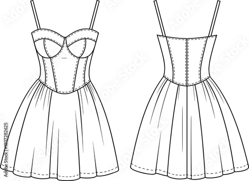 Mini Dress with Sweetheart Neckline, Corset Bodice Seaming, Gathered Skirt, and Straps Technical Drawing.