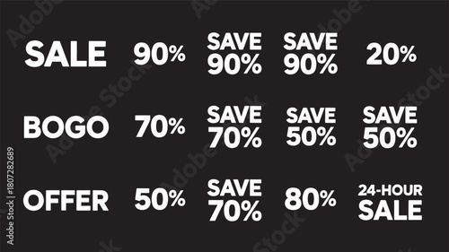 Various white sale stickers with different discount percentages and offers