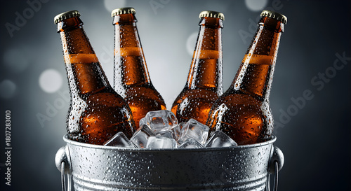 Chilled brown bottles of beverage rest in ice inside a metal bucket for refreshment theme