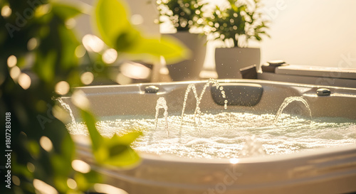 Outdoor hot tub with bubbling water jets surrounded by green plants on a sunny day