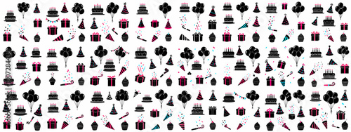 Dynamic seamless pattern of birthday party essentials: cakes, balloons, gifts, hats, and confetti, rendered in silhouette with bright pink and blue accents.