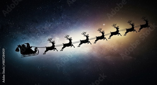 Silhouette of Santa Claus in sleigh with reindeer flying across star-filled night sky. Christmas Eve magic, holiday fantasy background.