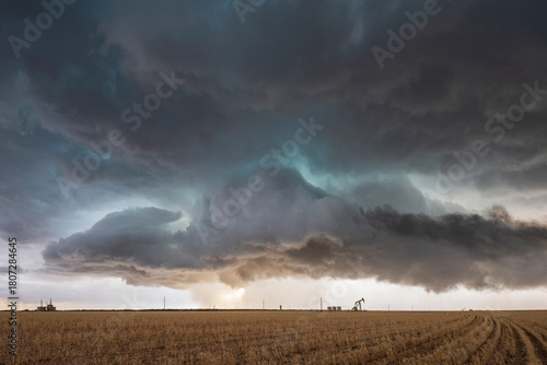 A supercell event, a severe warning storm, a layer of clouds just above the horizon. 