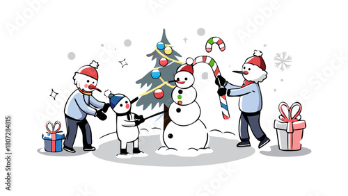 A snowman family decorating a glowing candy-cane tree in their icy yard .