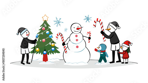 A snowman family decorating a glowing candy-cane tree in their icy yard .