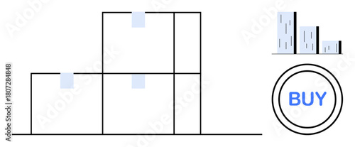 Stacked boxes convey logistics and delivery, with a bar chart alluding to data insights. Prominent Buy button symbolizes online purchasing. Ideal for e-commerce, shipping, sales, growth, logistics