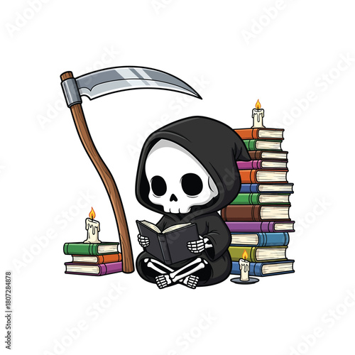 Cute grim reaper reading a book isolated on
