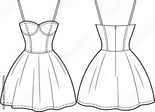 Strappy Mini Dress with Corset Bodice, Pleated A-Line Skirt, and Back Zipper Detail Technical Drawing.