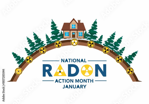 National Radon Action Month January Vector Graphic with House and Radon Symbols for Health Awareness