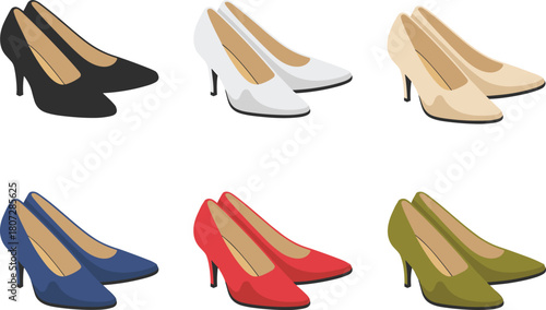 Vector Illustration Set of Women's Classic Pointed Toe High Heel Pump Shoes in Six Different Colors for Fashion and Commerce.