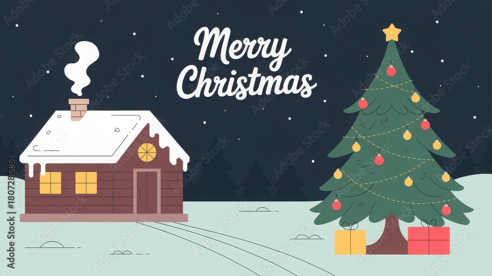 Fototapeta premium Cozy snow covered cabin and decorated christmas tree under a starry night sky