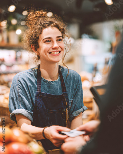 A smiling woman in an apron serves customers at a market, surrounded by fresh produce, showcasing a friendly shopping atmosphere.