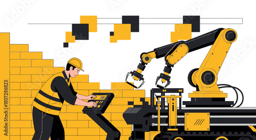 Modern construction innovation a worker with a robotic arm building a brick wall with enhanced