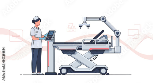 Modern healthcare innovation featuring a robotic arm and nurse operating high-tech equipment