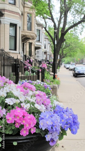 Wallpaper Mural Charming garden flowers lining a black metal fence along a picturesque suburban street in springtime Torontodigital.ca