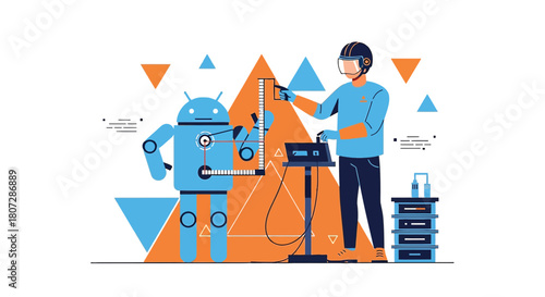 Modern illustration of a robotic engineer working on a robot with computer interface